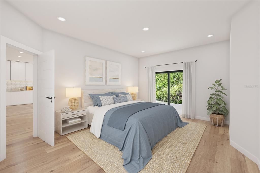 Bedroom, Interior, Recessed Lighting, Wood Texture Flooring