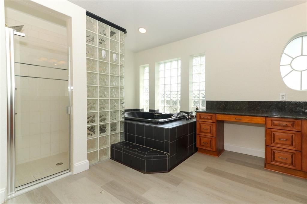 Bathroom, Glass Shower, Interior, Recessed Lighting, Wood Texture Flooring