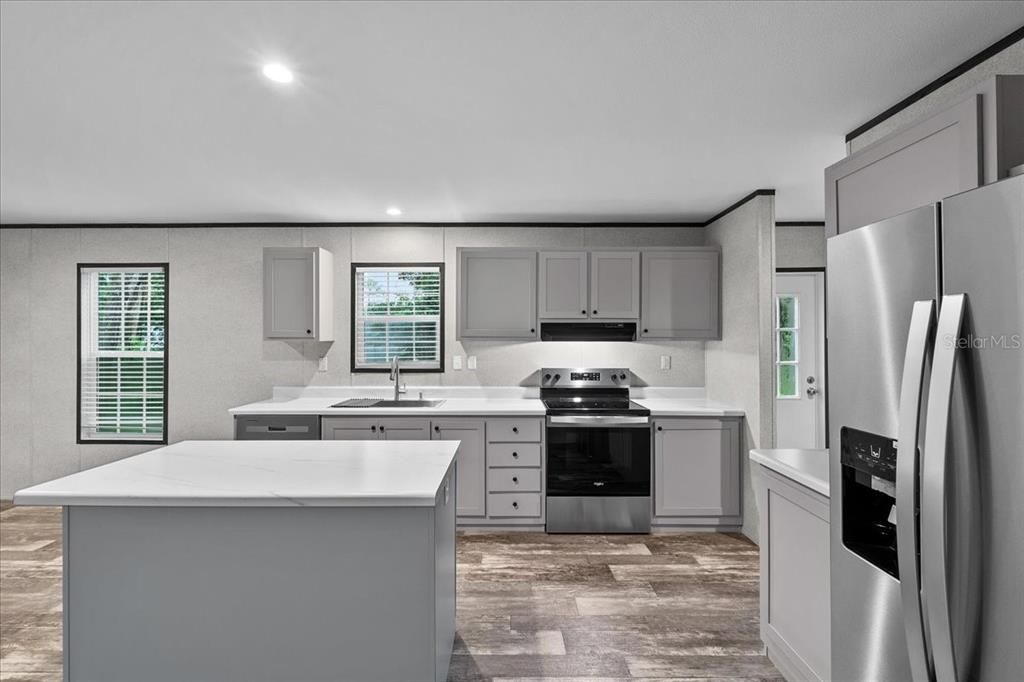 Interior, Kitchen, Recessed Lighting, Stainless Steel Appliances, Wood Texture Flooring