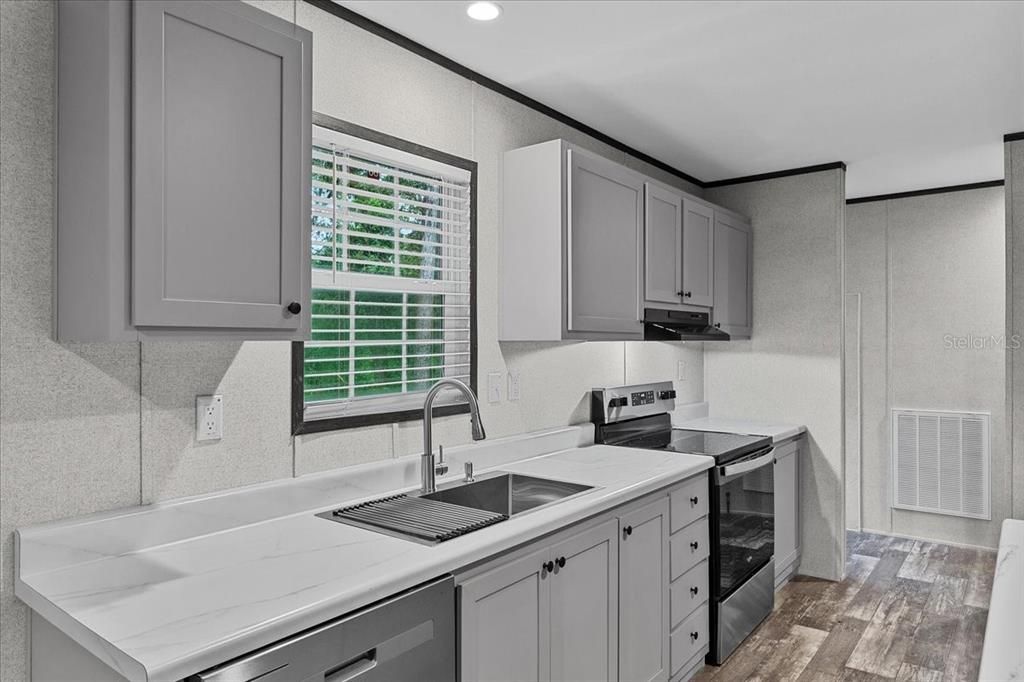 Interior, Kitchen, Recessed Lighting, Stainless Steel Appliances, Wood Texture Flooring