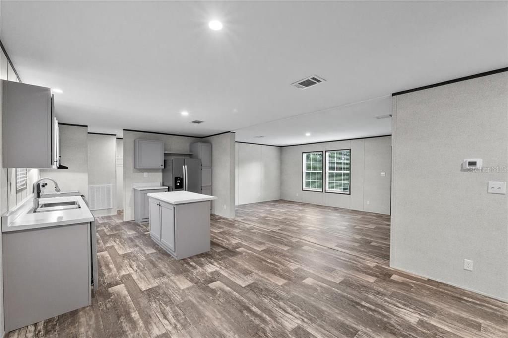 Empty room, Interior, Kitchen, Recessed Lighting, Wood Texture Flooring