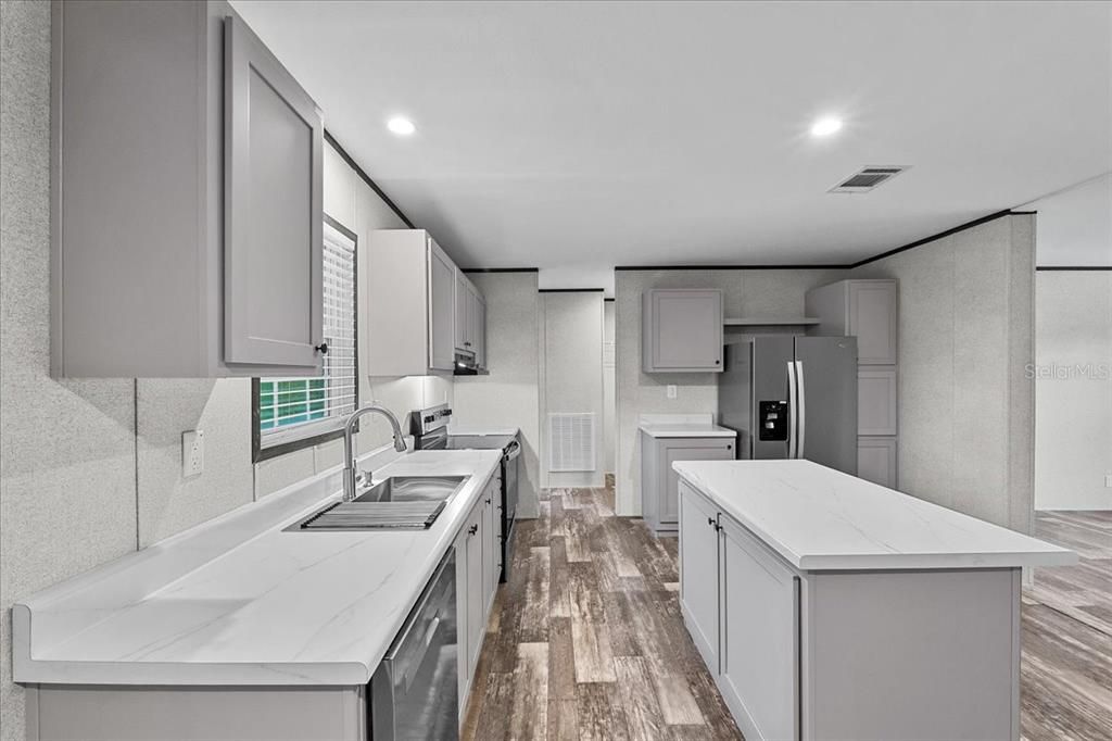 Interior, Kitchen, Recessed Lighting, Stainless Steel Appliances, Wood Texture Flooring