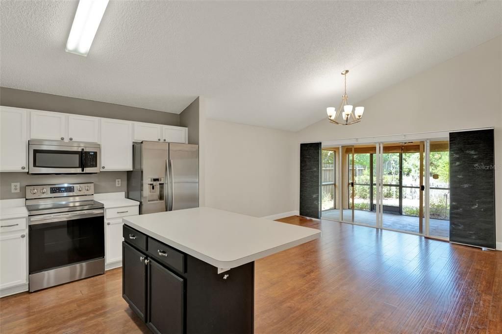 Chandelier, Interior, Kitchen, Stainless Steel Appliances, Wood Texture Flooring