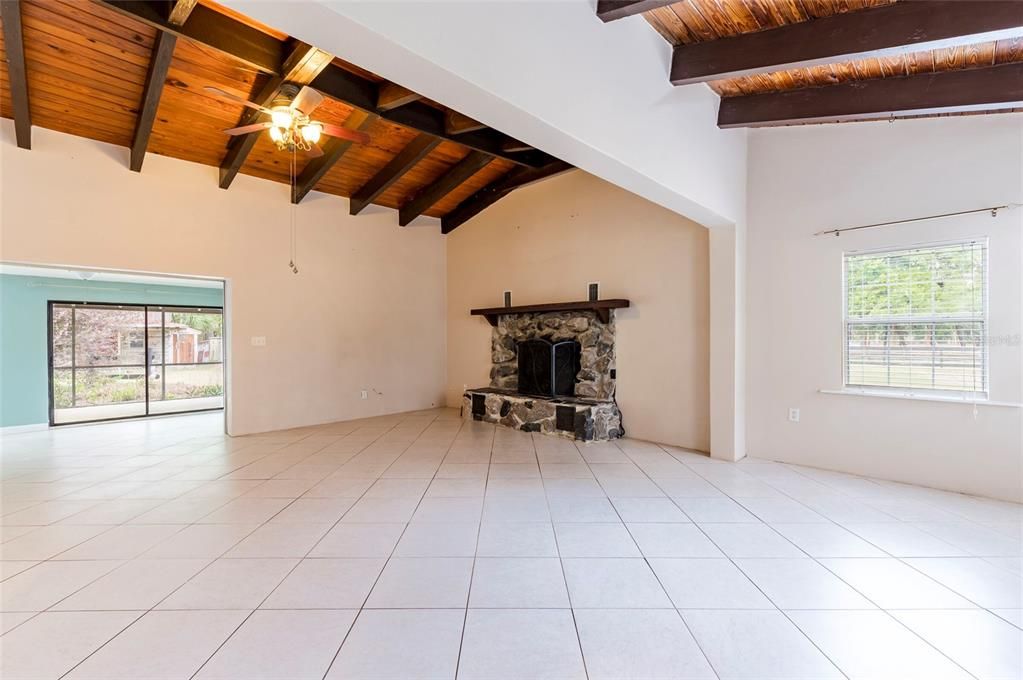 Empty room, Fireplace, Interior, Wooden Beams, Wooden Ceilings