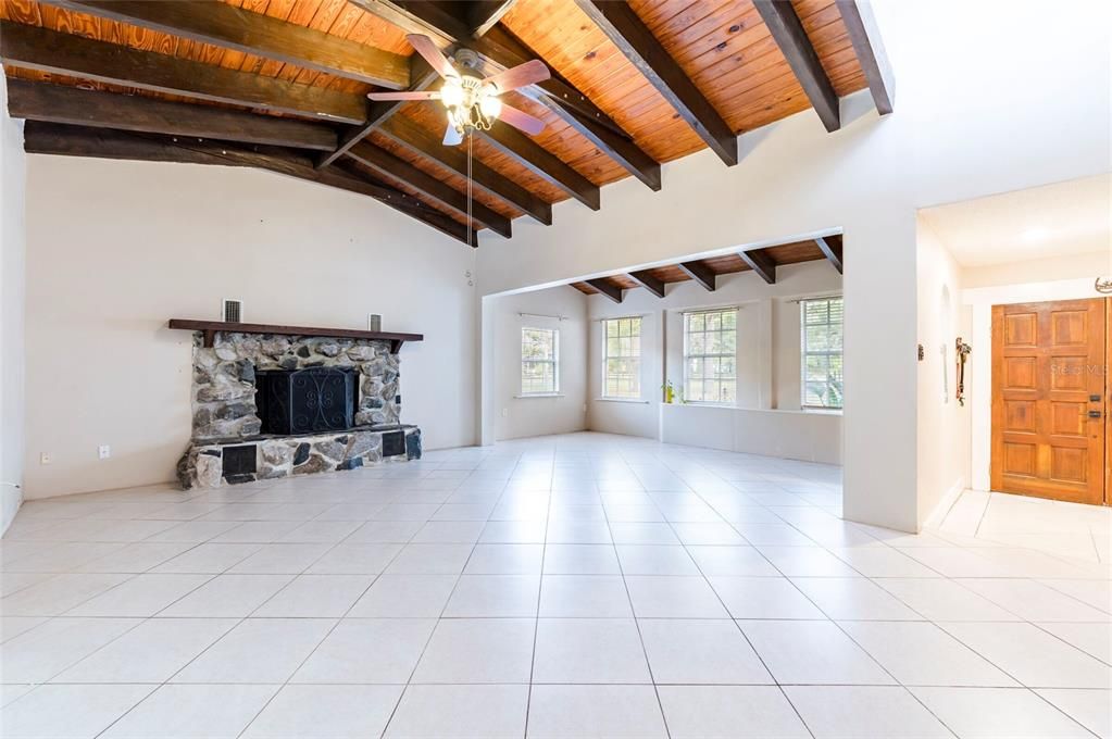 Empty room, Fireplace, Interior, Wooden Beams, Wooden Ceilings