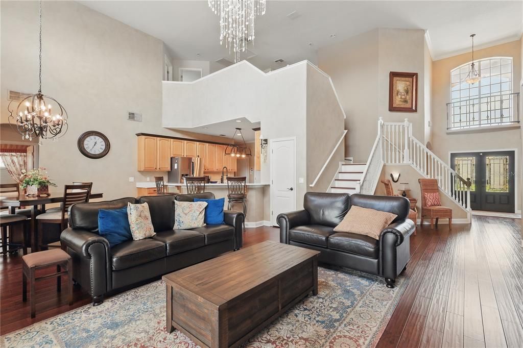 Chandelier, Dining room, Interior, Kitchen, Living room, Pendant Lights, Wood Texture Flooring