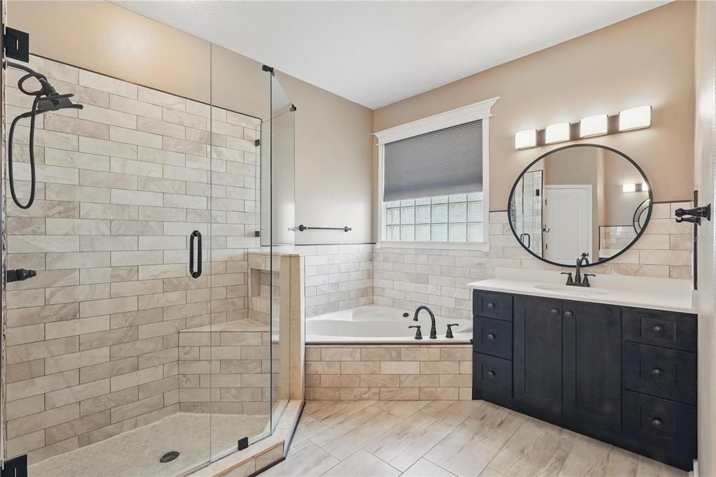 Bathroom, Dual Sink Vanities, Glass Shower, Interior, Stone Walls