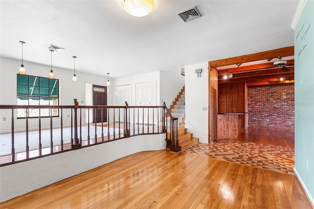 Interior, Pendant Lights, Stone Walls, Wood Texture Flooring
