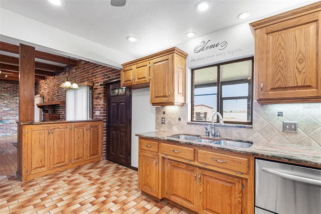 Interior, Kitchen, Pendant Lights, Recessed Lighting, Stone Walls