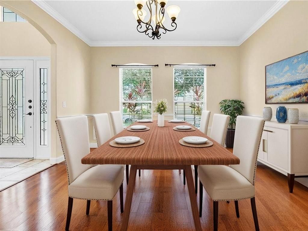 Chandelier, Dining room, Interior, Wood Texture Flooring