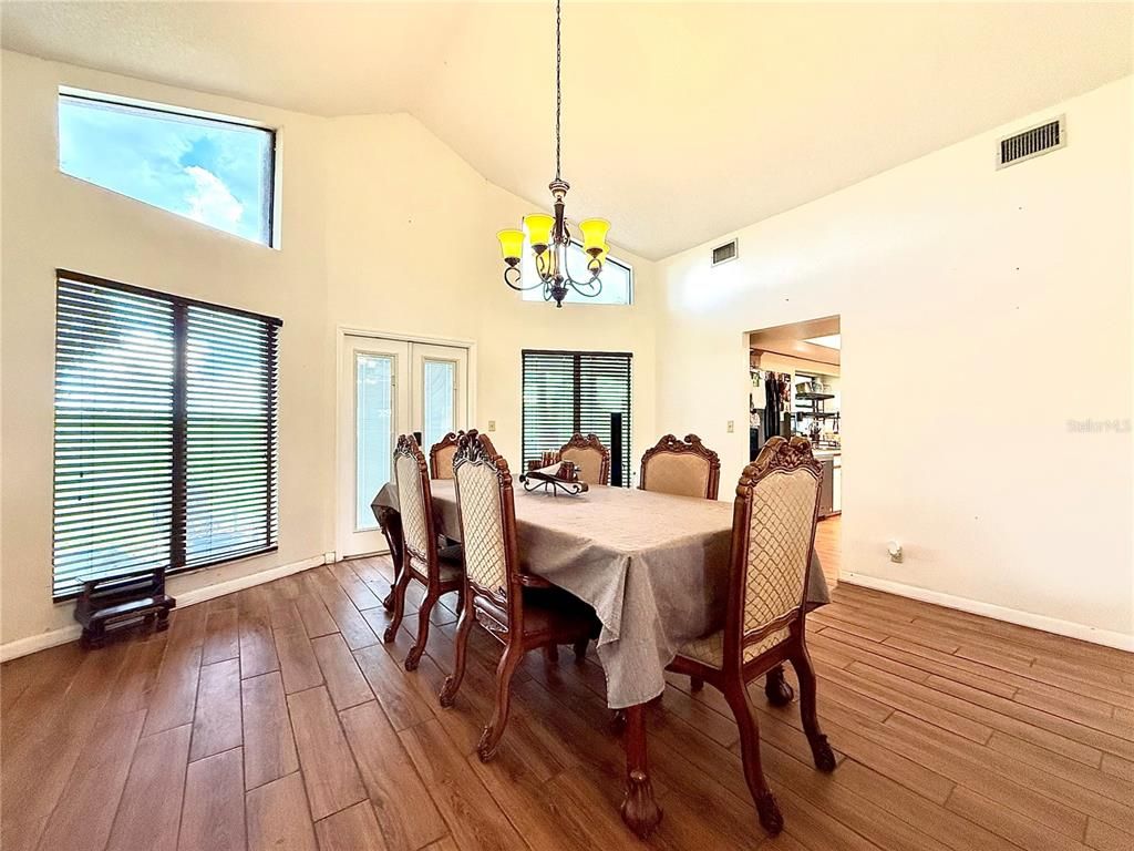 Chandelier, Dining room, Interior, Wood Texture Flooring
