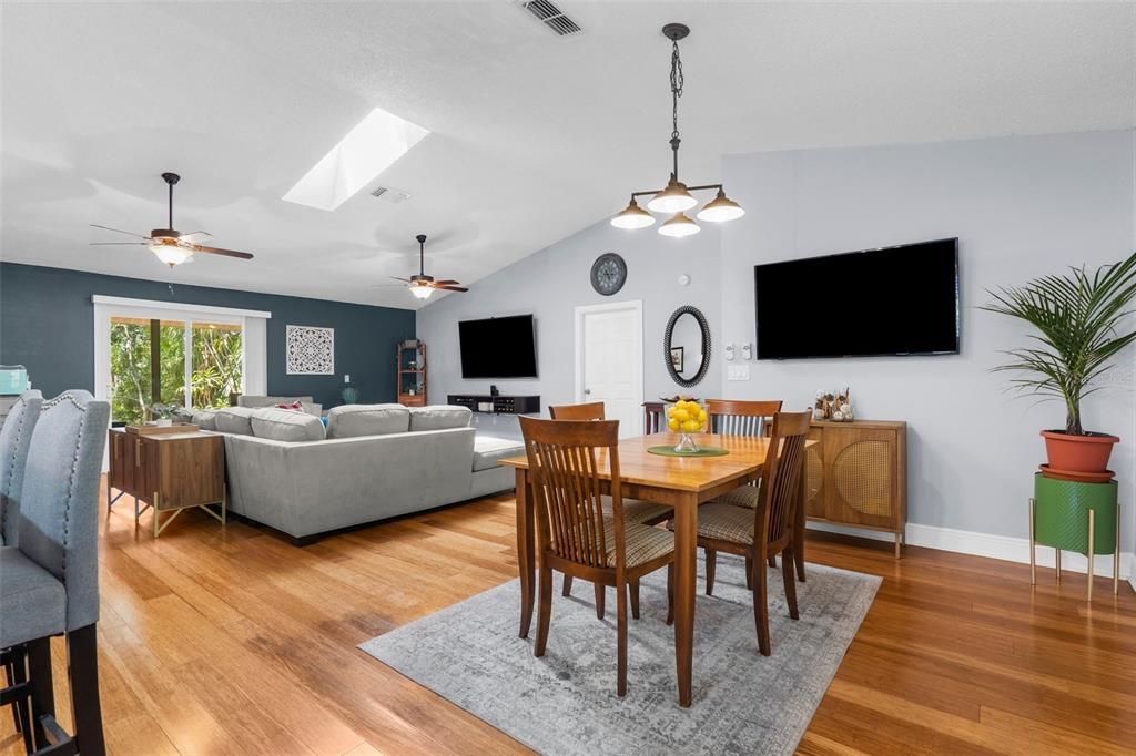 Dining room, Interior, Living room, Pendant Lights, Wood Texture Flooring