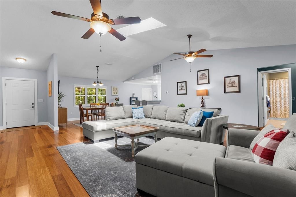Dining room, Interior, Living room, Pendant Lights, Wood Texture Flooring