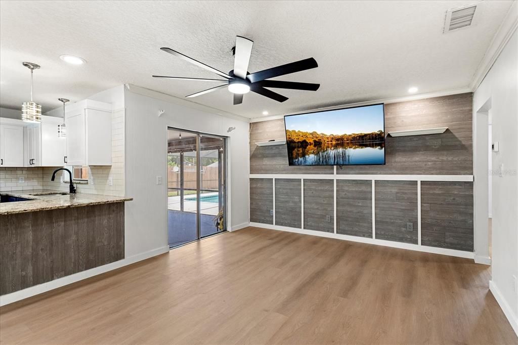 Empty room, Interior, Kitchen, Pendant Lights, Recessed Lighting, Wood Texture Flooring