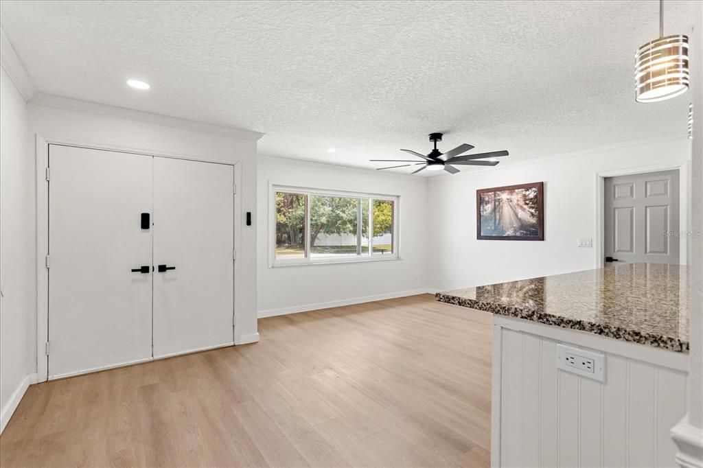 Empty room, Interior, Recessed Lighting, Wood Texture Flooring