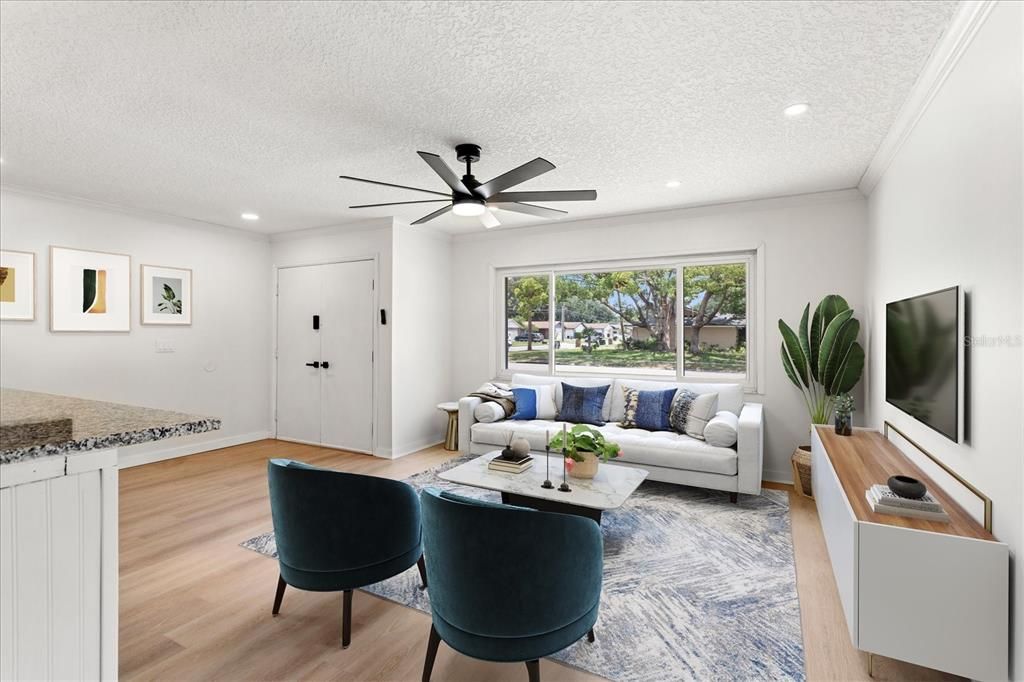 Interior, Living room, Recessed Lighting, Wood Texture Flooring