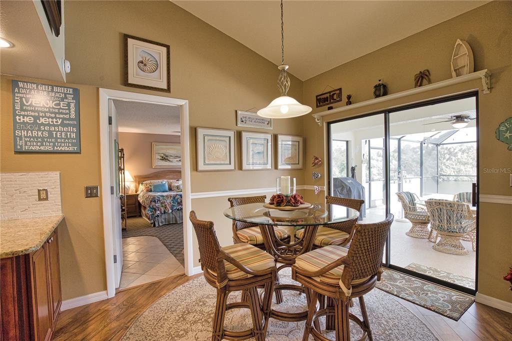 Bedroom, Dining room, Interior, Pendant Lights, Recessed Lighting, Wood Texture Flooring