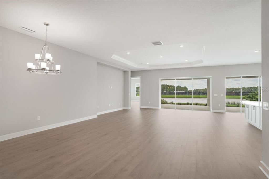 Chandelier, Empty room, Interior, Recessed Lighting, Wood Texture Flooring