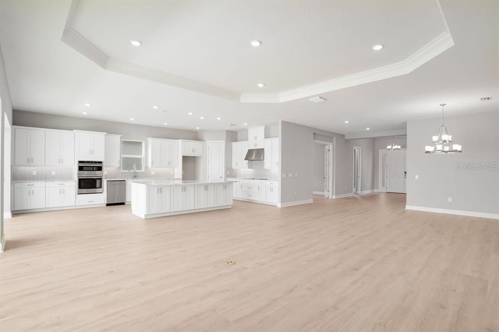 Chandelier, Empty room, Interior, Kitchen, Pendant Lights, Recessed Lighting, Stainless Steel Appliances, Wood Texture Flooring