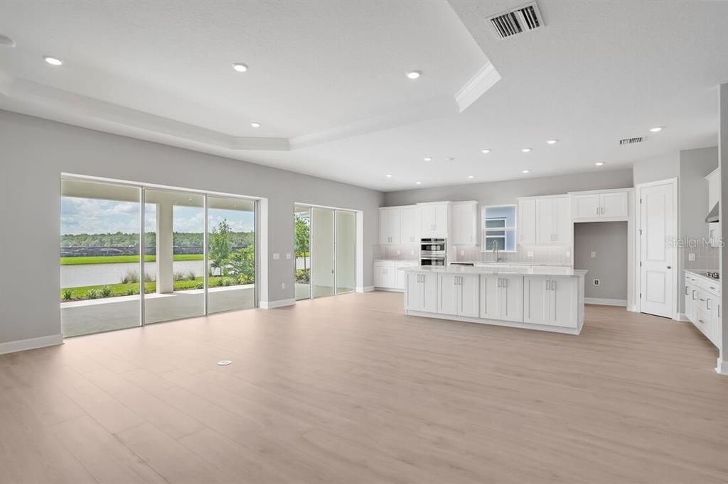 Empty room, Interior, Kitchen, Recessed Lighting, Wood Texture Flooring