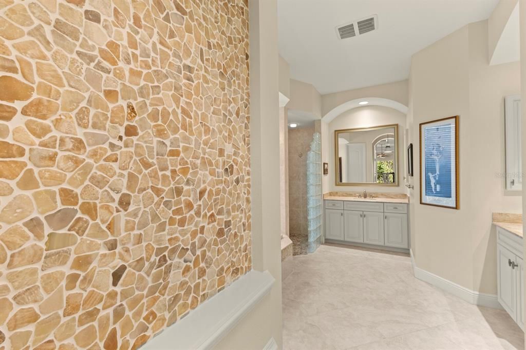 Bathroom, Interior, Recessed Lighting, Stone Walls