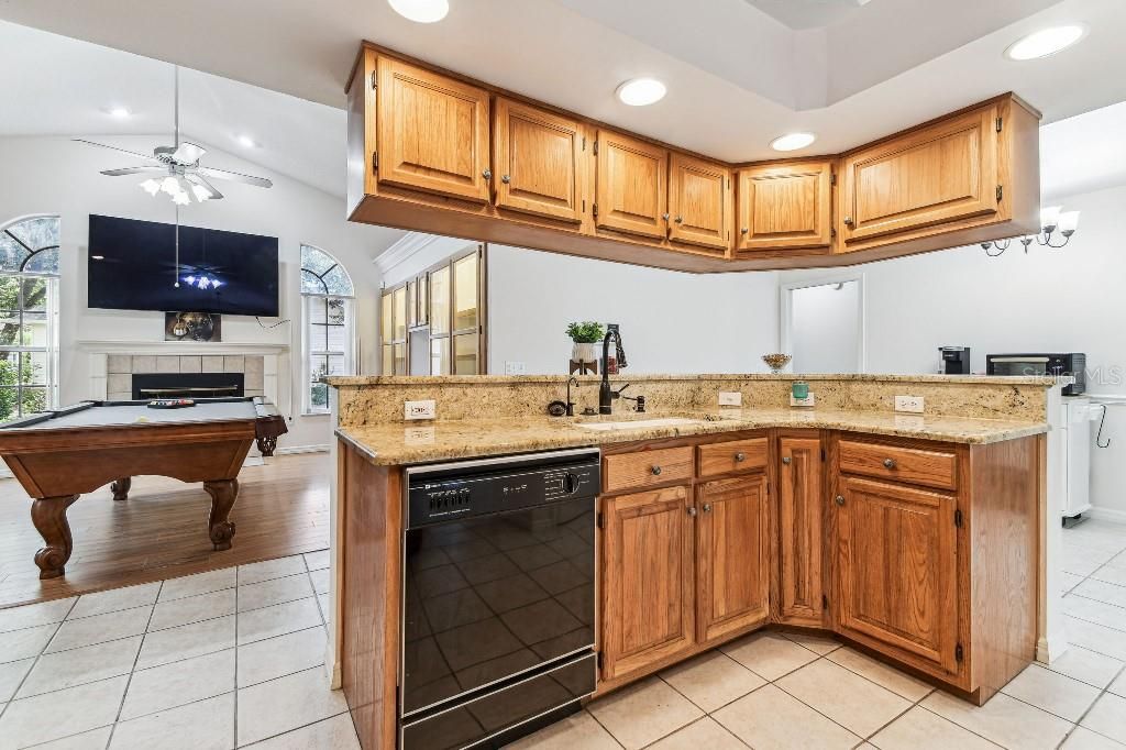 Billiard Table, Game Room, Interior, Kitchen, Recessed Lighting, Wood Texture Flooring