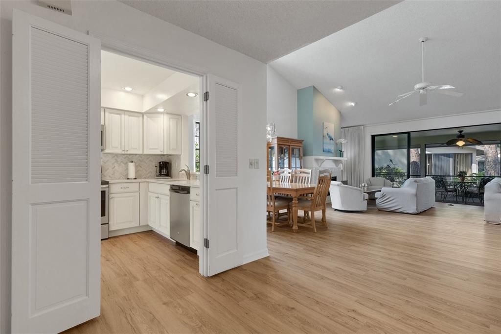 Dining room, Interior, Kitchen, Living room, Recessed Lighting, Wood Texture Flooring