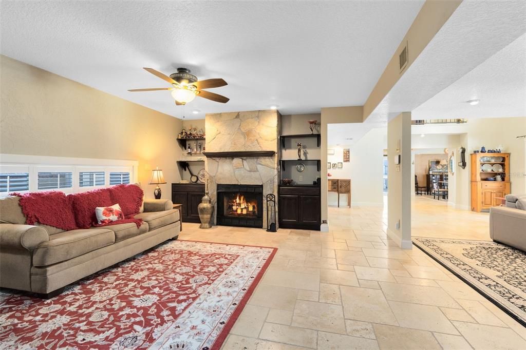 Fireplace, Interior, Living room, Recessed Lighting, Stone Walls