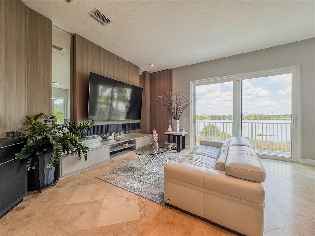 Interior, Living room, Recessed Lighting, Water, Wooden Walls