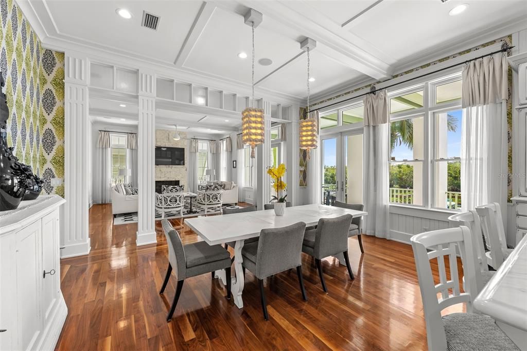 Dining room, Fireplace, Interior, Pendant Lights, Recessed Lighting, Wood Texture Flooring