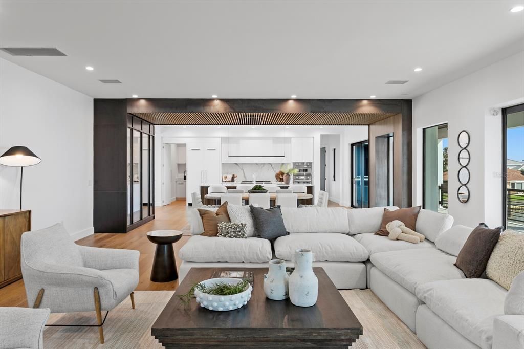 Interior, Kitchen, Living room, Recessed Lighting, Stainless Steel Appliances, Wood Texture Flooring