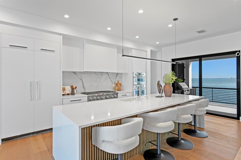 Interior, Kitchen, Pendant Lights, Recessed Lighting, Stainless Steel Appliances, Water, Wood Texture Flooring
