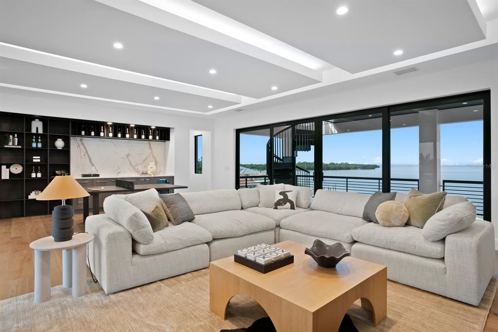 Interior, Living room, Marble Walls, Recessed Lighting, Water, Wood Texture Flooring