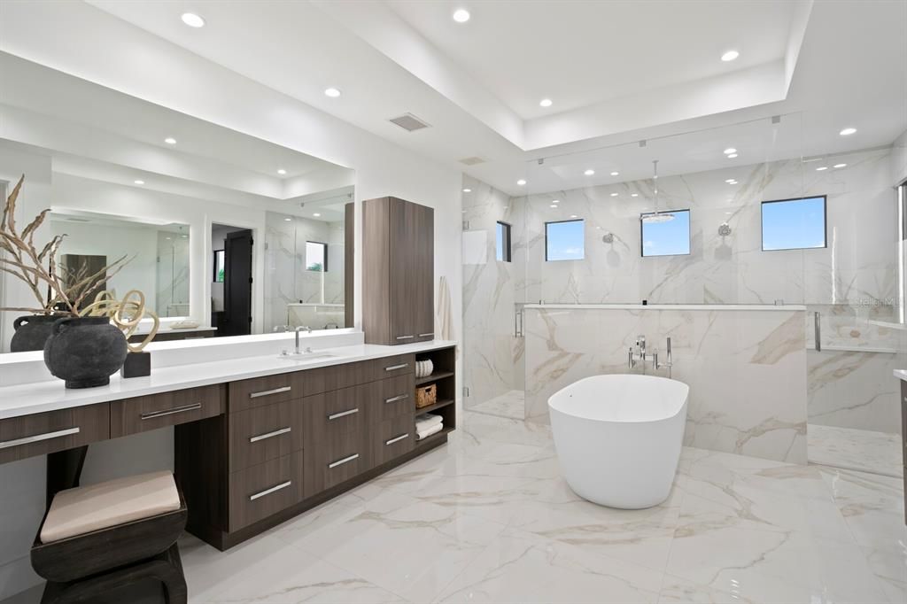 Bathroom, Dual Sink Vanities, Free Standing Baths, Interior, Marble, Marble Walls, Recessed Lighting
