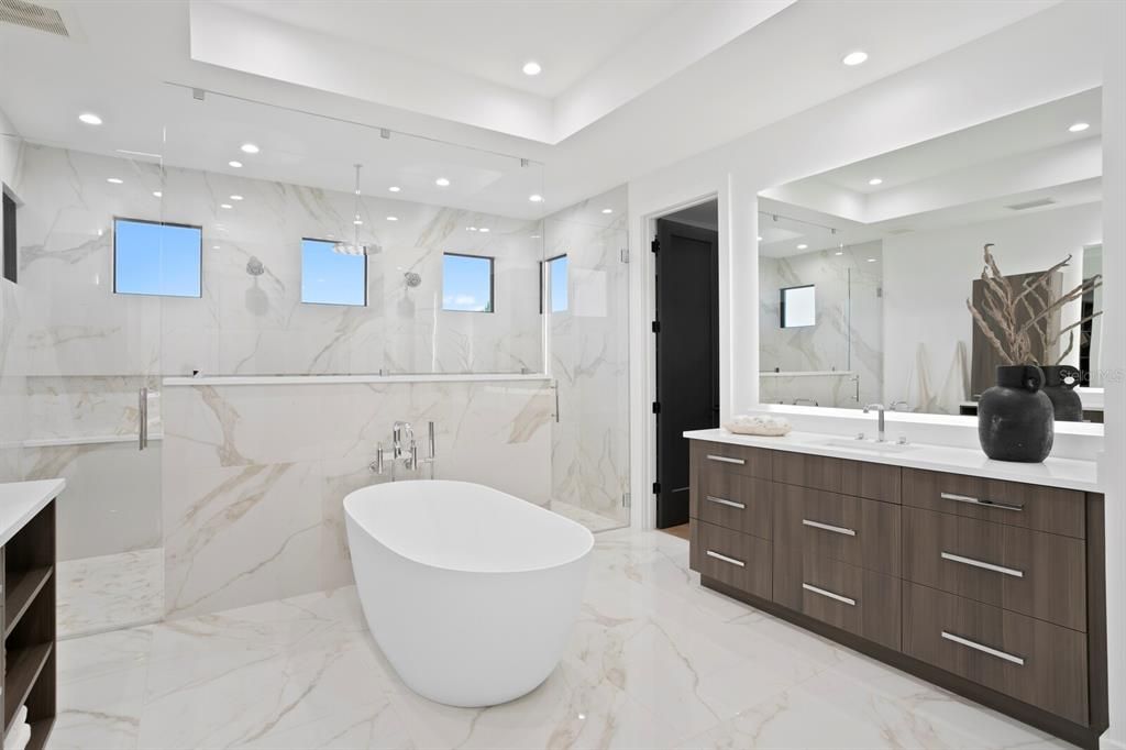 Bathroom, Dual Sink Vanities, Free Standing Baths, Interior, Marble, Marble Walls, Recessed Lighting