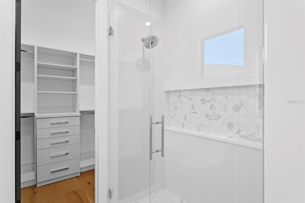 Bathroom, Glass Shower, Interior, Walk-in Closets, Wood Texture Flooring