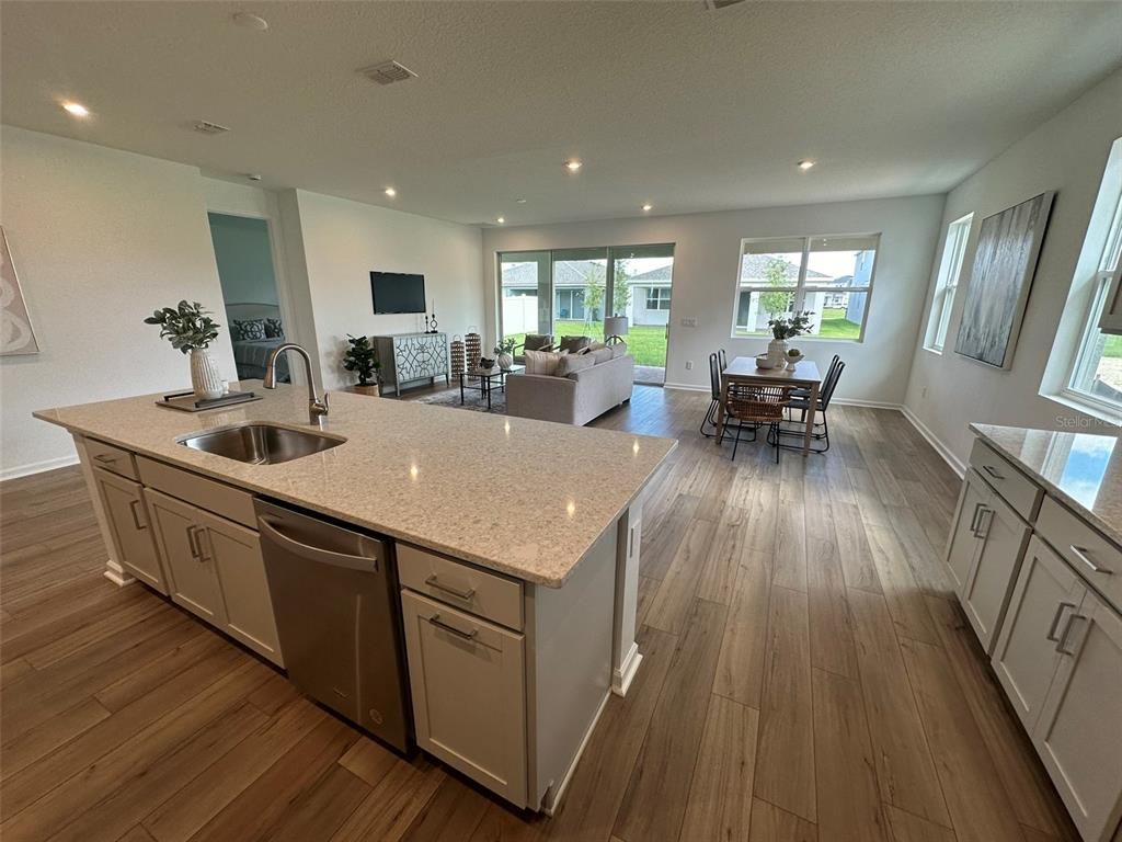 Dining room, Interior, Kitchen, Living room, Recessed Lighting, Wood Texture Flooring