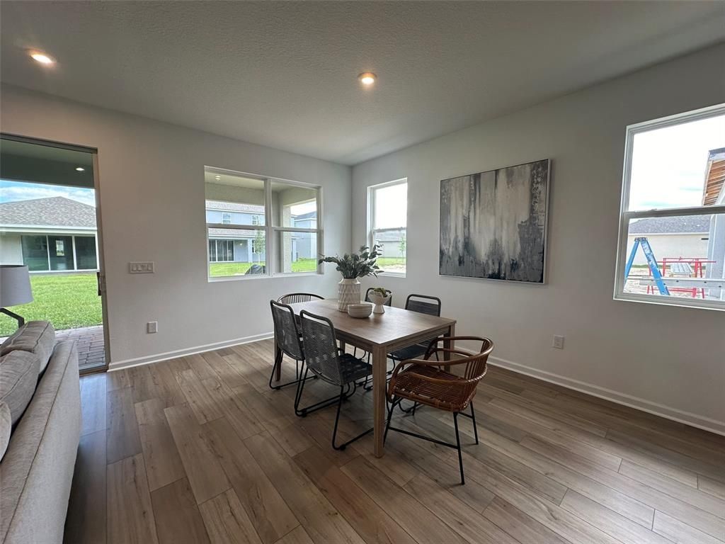 Dining room, Interior, Recessed Lighting, Wood Texture Flooring