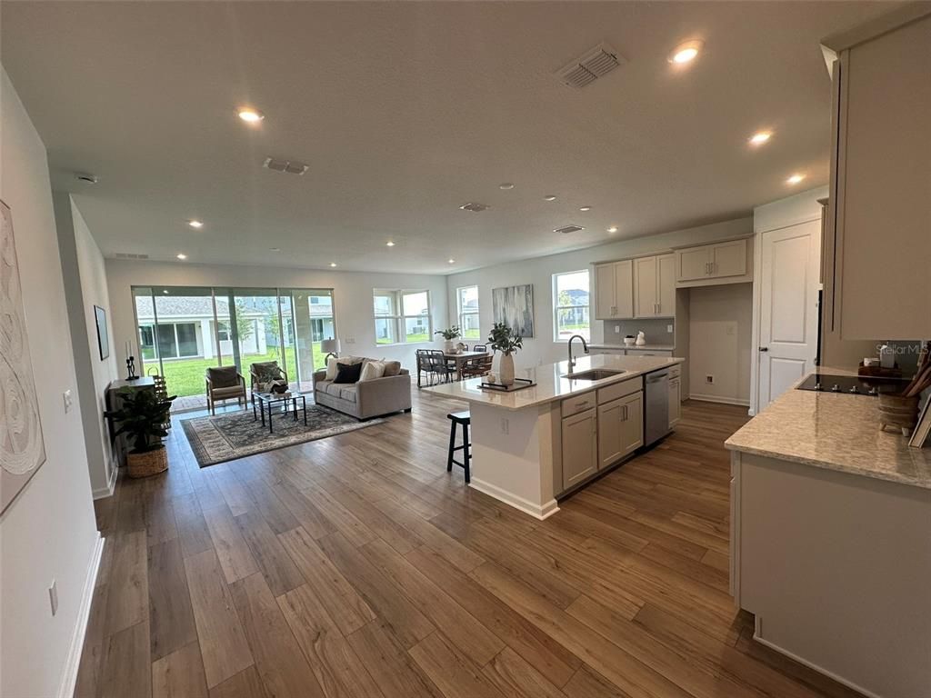 Interior, Kitchen, Living room, Recessed Lighting, Wood Texture Flooring