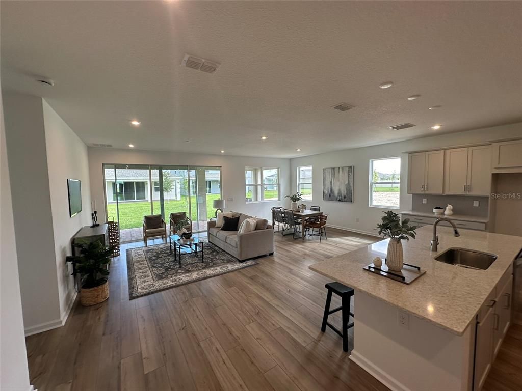 Dining room, Interior, Kitchen, Living room, Recessed Lighting, Wood Texture Flooring