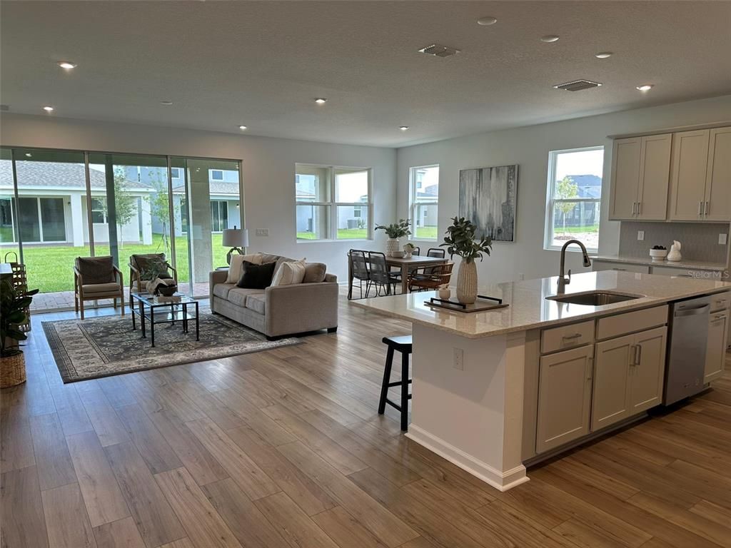 Dining room, Interior, Kitchen, Living room, Recessed Lighting, Wood Texture Flooring