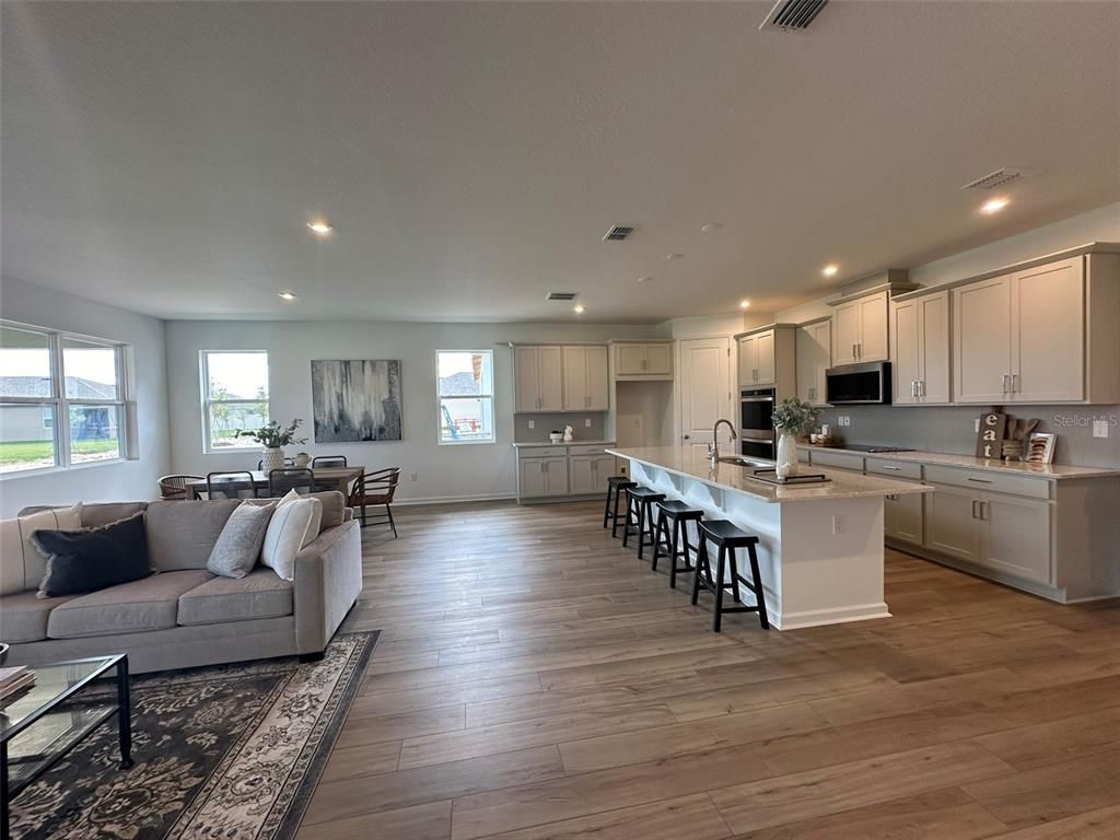 Dining room, Interior, Kitchen, Living room, Recessed Lighting, Wood Texture Flooring