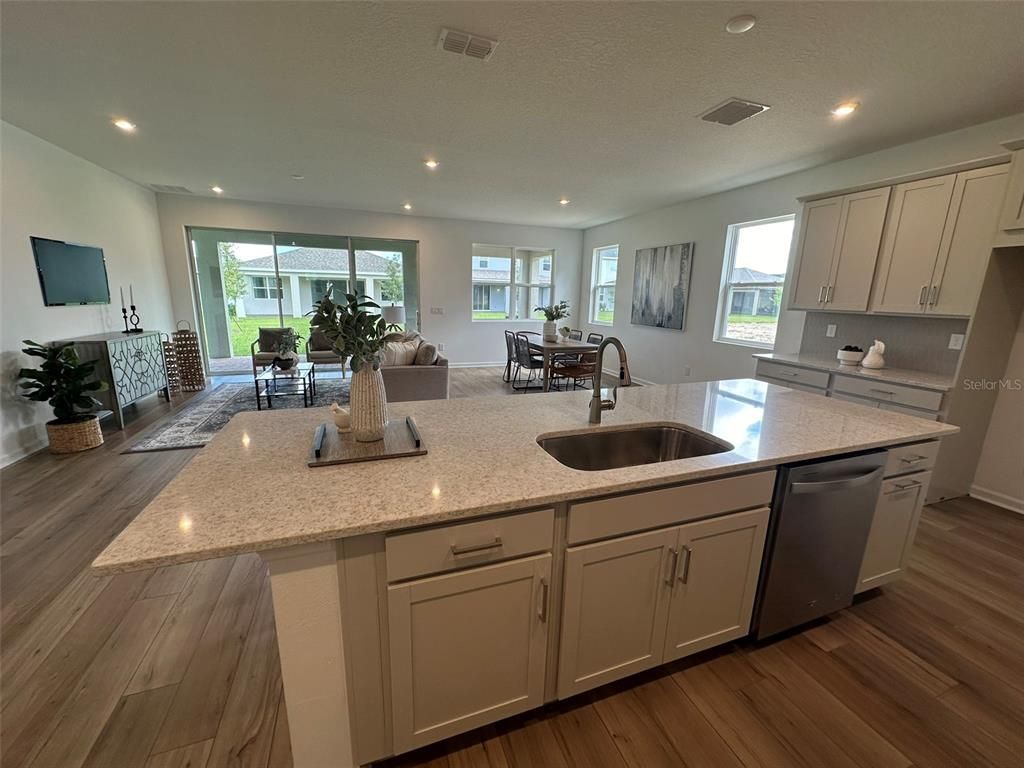 Dining room, Interior, Kitchen, Living room, Recessed Lighting, Wood Texture Flooring