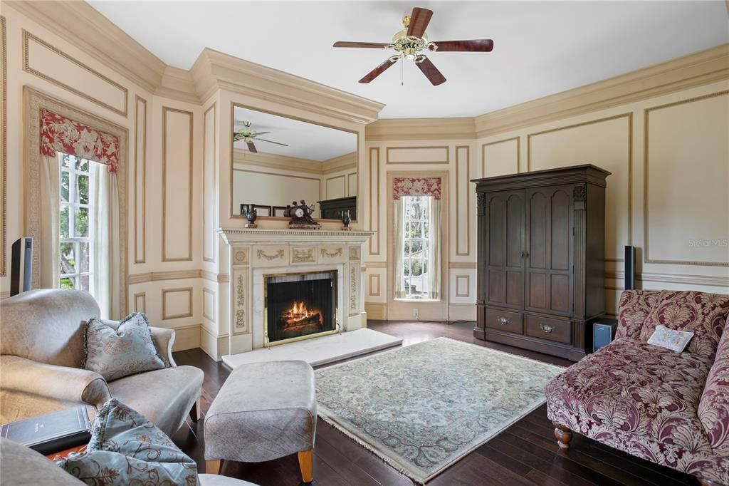 Bedroom, Fireplace, Interior, Wood Texture Flooring