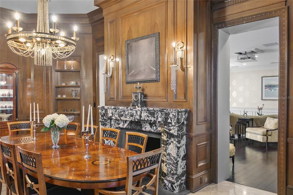 Chandelier, Dining room, Fireplace, Interior, Wood Texture Flooring