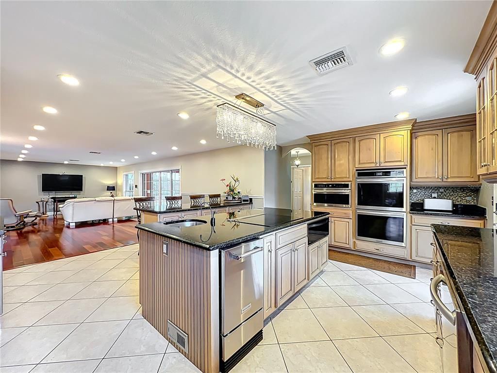Chandelier, Interior, Kitchen, Living room, Recessed Lighting, Stainless Steel Appliances, Wood Texture Flooring