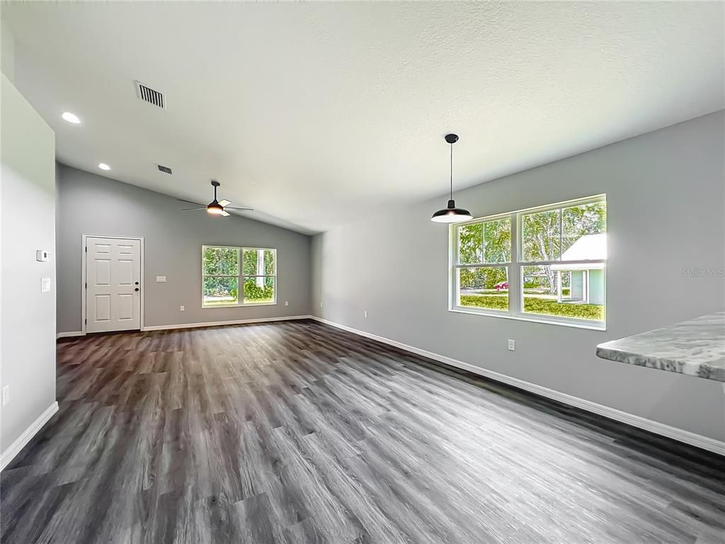 Empty room, Interior, Pendant Lights, Recessed Lighting, Wood Texture Flooring