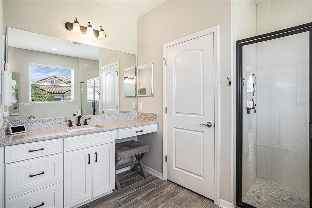 Bathroom, Dual Sink Vanities, Glass Shower, Interior, Wood Texture Flooring