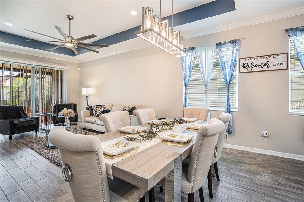 Dining room, Interior, Living room, Pendant Lights, Recessed Lighting, Wood Texture Flooring