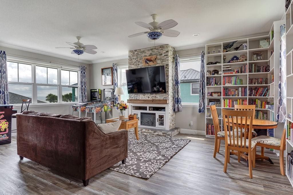 Dining room, Fireplace, Interior, Living room, Wood Texture Flooring